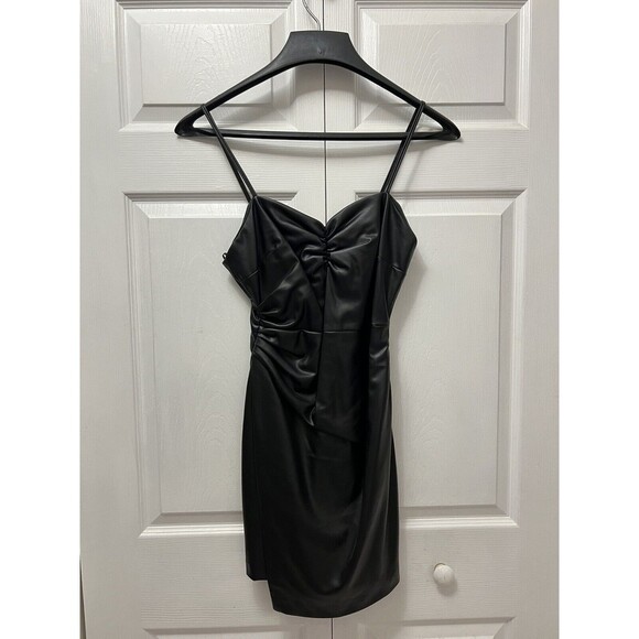 Zara Black Faux Leather Mini Dress NEW spaghetti Strap Zip Up Back Size Medium - Picture 5 of 11